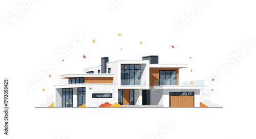 Stylized minimalist architectural rendering of a modern residence in an autumnal setting highlighting geometric forms and muted colors