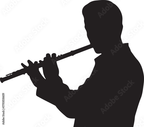 Black silhouette of a person playing a flute on a white background musical instrument