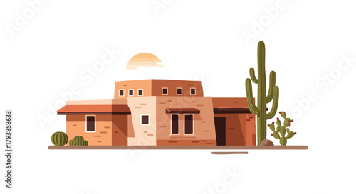 Charming adobe home nestled in the desert landscape of the southwest with cactus and sun backdrop architecture home
