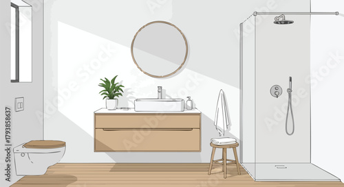 Serene modern bathroom sketch showcasing minimalist design and natural light infusion for a soothing ambiance