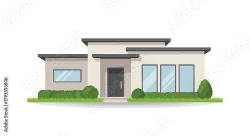 Modern Single-Story Home with Landscaped Yard and Contemporary Design Elements presented in flat vector style