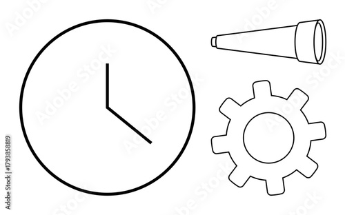 Clock represents time, telescope symbolizes vision, and gear depicts progress or work. Ideal for planning, future, innovation, productivity, efficiency strategy teamwork. A simple flat metaphor