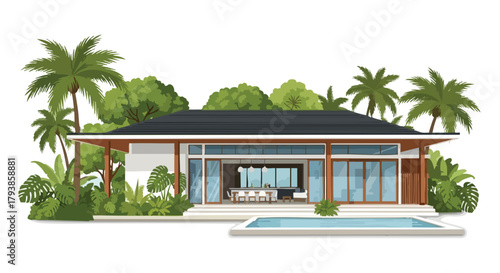 Tropical oasis villa with sleek design, inviting pool, and lush greenery, embodying modern elegance and tranquil retreat ideal for getaway