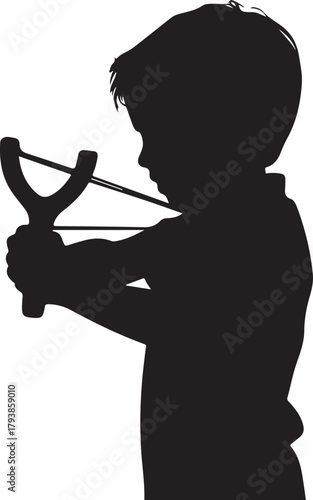 Black silhouette of a young boy aiming a slingshot child 1