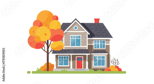 Charming Two-Story House with Fall Foliage: A Flat Vector Illustration of Suburban Homeownership and Seasonal Beauty