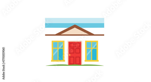 Bright and cheerful cartoon illustration of a charming small house with a red door and yellow framed windows representing home ownership and real