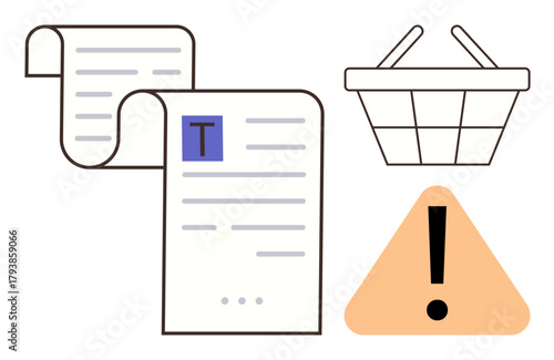 Receipt with text, shopping basket, and warning icon. Ideal for shopping, payment, consumer rights, error alert, e-commerce issues billing. A simple flat metaphor