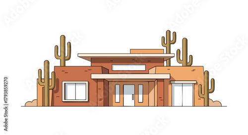 Stylized desert residence: A modern abode amid cacti with minimalist design and muted earthy tones offering a serene and tranquil architectural