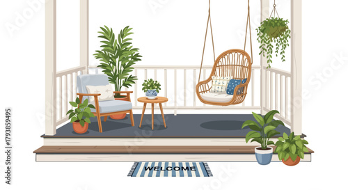 Inviting Veranda Scene with Hanging Swing Chair and Lush Plants for Relaxing Outdoor Living