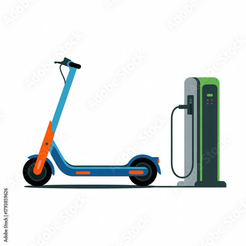 Modern electric scooter charging at a sleek green and gray charging station. Vector illustration.