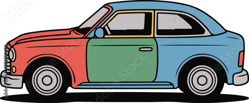 Cartoon car with mismatched color panels red green blue automobile vehicle