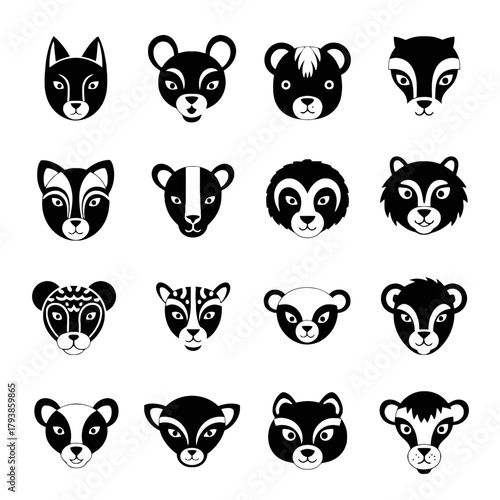 Collection of stylized animal faces in black and white perfect for design.