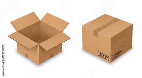 Isometric Cardboard Boxes - Open and Closed for Packaging and Delivery.