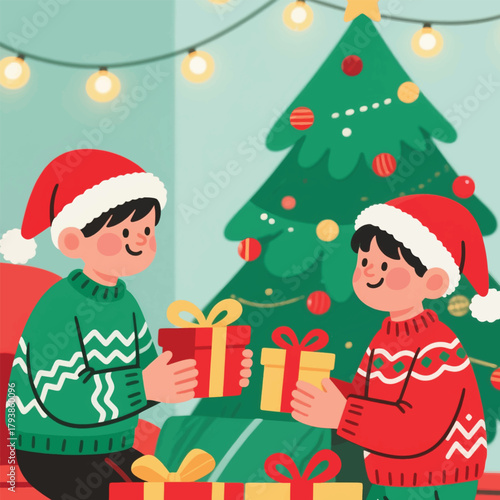 Two Brothers Exchange Christmas Gifts Illustrator Artwork Banner Background Design Template 