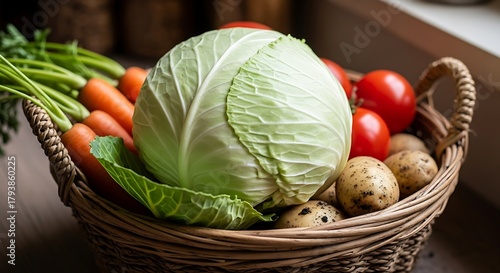 Fresh Vegetables in a Wicker Basket - Cabbage, Carrots, Tomatoes, and Potatoes.