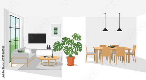 Elegant and airy open-concept living and dining space with modern minimalist style design touch filled with natural light creating a calm atmosphere