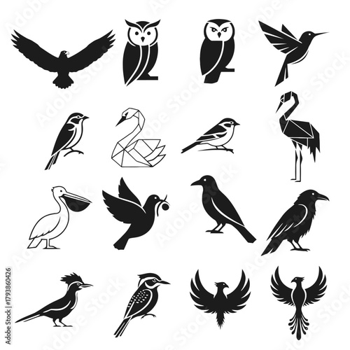 Collection of Diverse Bird Silhouettes and Illustrations.