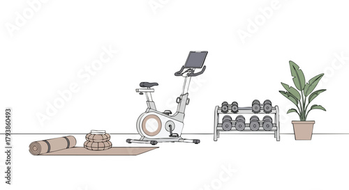 Minimalist Home Gym Setup with Exercise Bike, Dumbbells, Yoga Mat, and Indoor Plant