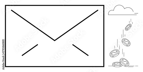 Large envelope icon indicating email, coins falling from a cloud signifying revenue, digital interaction, and success. Ideal for communication, marketing, online business, cloud computing, savings