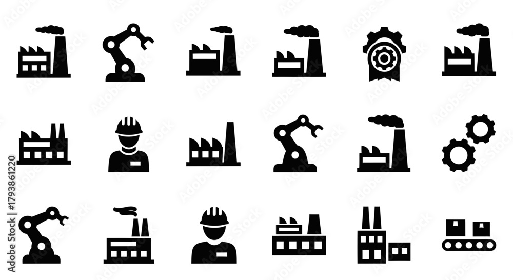 Fototapeta premium A collection of black and white vector icons representing manufacturing, factories, automation, engineering, and industrial processes.