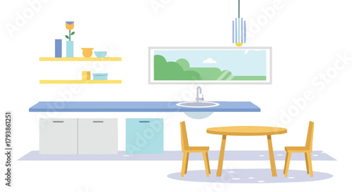 Serene Kitchen Interior with Nature-Inspired Decor and Pastel Color Palette Enhancing a Peaceful Atmosphere