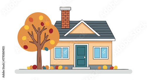 Whimsical autumn home: a cheerful cartoon house with a vibrant tree exhibiting seasonal colors beside a serene pavement area