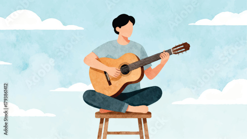 Watercolor Illustration of a Person Playing a Guitar on a Stool with Clouds