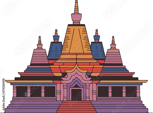 Stylized colorful temple building with tiered roofs and steps architecture religious