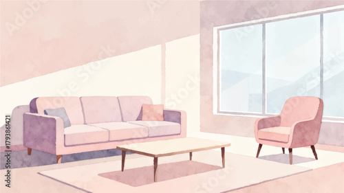 Watercolor Living Room Interior with Sofa and Armchair