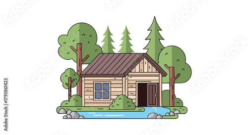 Idyllic wooden cabin nestled in a serene forest with a clear stream and vibrant trees creates a tranquil escape illustration