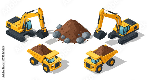 Isometric illustration featuring two yellow excavators and two dump trucks around a pile of dirt and rocks.