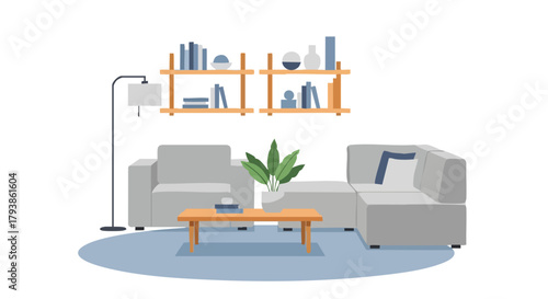 Cozy living room interior design with minimalist furniture and shelving unit vector illustration