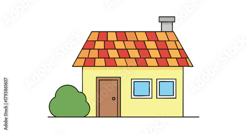 Illustration of a colorful cartoon house with a chimney and green bush near the door suitable for children's books or real estate advertising