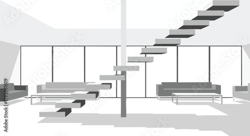 Minimalist interior scene featuring floating staircase in monochrome palette displaying serene ambience and sophisticated architectural design