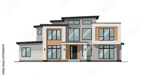 Stylized modern architectural illustration of a contemporary house with neutral color palette in vector format