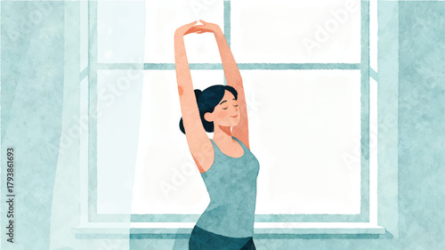 Woman Stretching by Window in Watercolor
