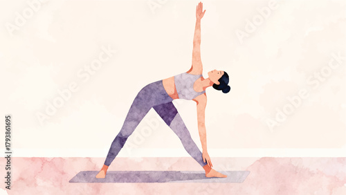 Woman Practicing Yoga Triangle Pose in Watercolor Style