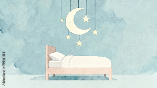 Watercolor Children's Bedroom with Moon and Stars Decoration