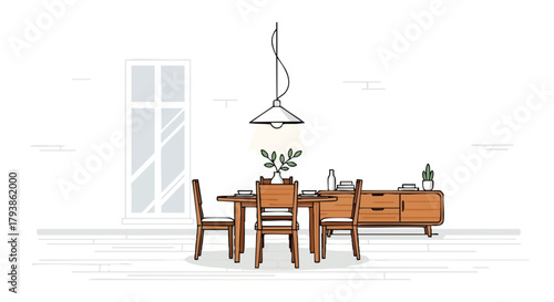 Elegant dining space illustration with minimal furnishings and natural light creating a bright and inviting atmosphere within an outline art style