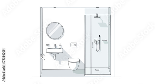 Sketch of an elegantly designed bathroom layout, featuring a modern sink, circular mirror, toilet, and a glass-enclosed shower stall area