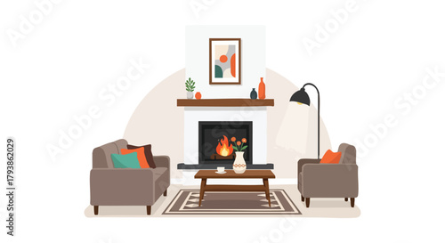 Cozy Living Room Interior with Fireplace and Comfortable Furnishings Depicted in Flat Vector Design