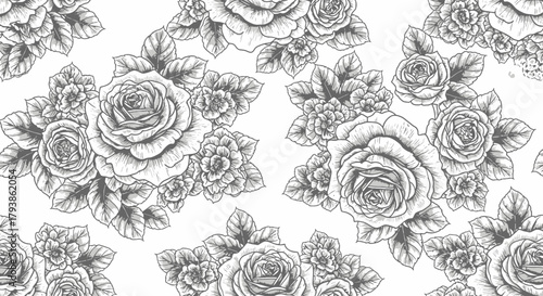 Vintage Rose Floral Pattern Black and White.