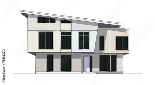 Sleek Architectural Rendering of a Modern Two-Story Home with Angled Roof and Large Windows showcasing contemporary home design and minimalistic