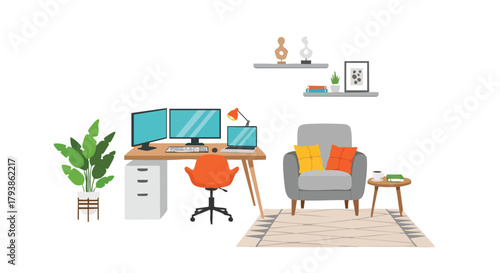 Cozy and Functional Home Office Setup with Comfortable Armchair and Modern Workspace Arrangement