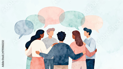 Diverse Group of People Communicating with Speech Bubbles - Watercolor Illustration