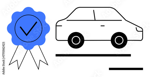 Blue ribbon badge with check mark next to a black outlined car design. Ideal for certification, quality assurance, automotive approval, warranty, dealerships, compliance, and reliability. Clean