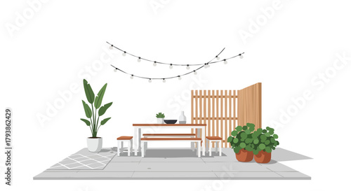 Delightful minimalist vector illustration capturing a cozy and inviting outdoor dining space under warm string lights