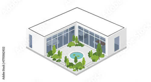 Isometric modern building with interior garden and pond, symbolizing architectural design and tranquility