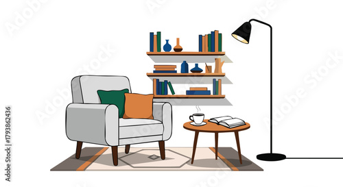 Cozy Reading Nook: A Comfortable Armchair with Bookshelves and Warm Lighting Depicting Tranquil Indoor Scene