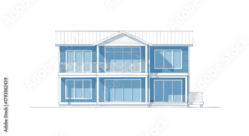 Architectural Visualization: A Two-Story Modern Residence with Blue Exterior and Balconies